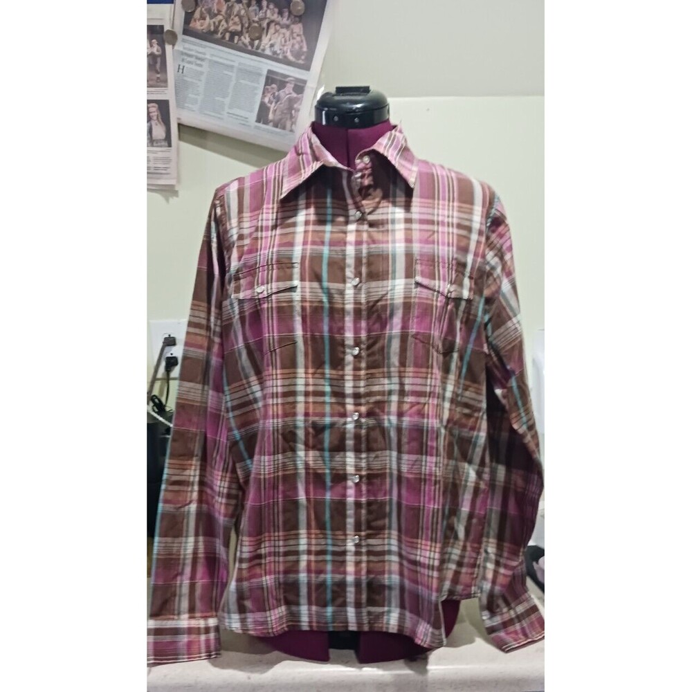 Wrangler Wrancher Womens Long Sleeve Pearl Snap Shirt Top Size xL Pink Plaid